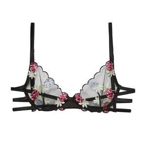 Fleur du Mal Bondage Pineapple Embroidery Strappy Demi Bra 32B Black‎